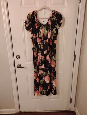 Beautiful Floral Off-Shoulder Maxi Dress - Black with Pink Floral By Osos Design